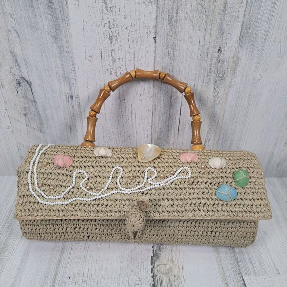 VTG Handbag Woven Raffia Straw Purse Wood Handle Sea Shells Boho Beach Cruise - Picture 1 of 14